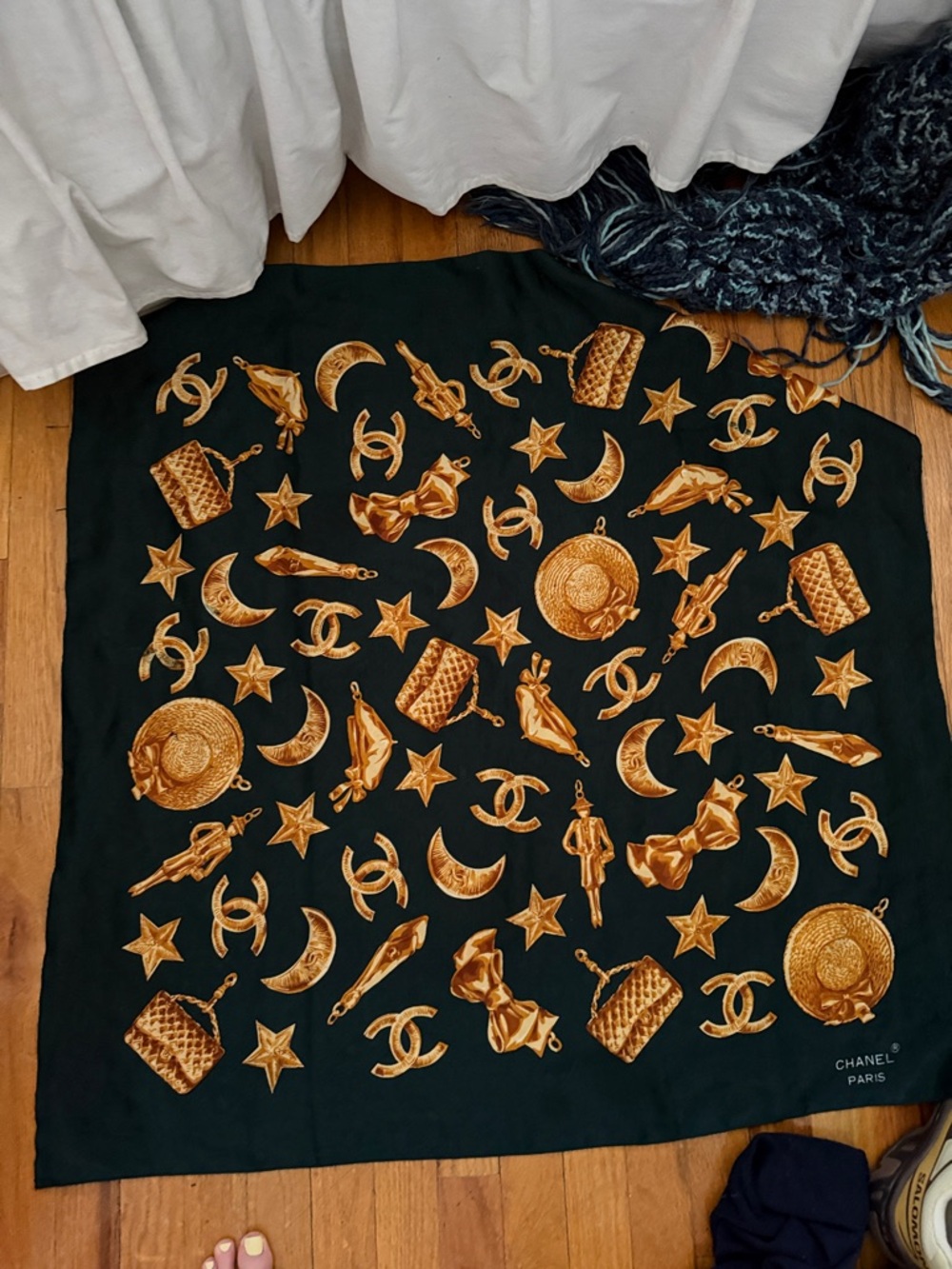 CHANEL vintage teal Silky Scarf with Gold Motif Print